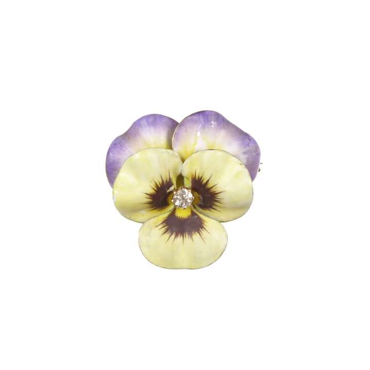 Antique yellow and purple enamel and diamond pansy brooch